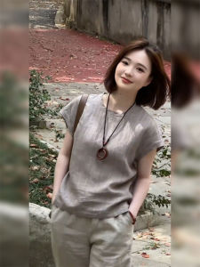 YUFUQING | New Chinese Retro Grey Round Neck Short Sleeve Womens T-shirt Loose Versatile Summer Top High Waist Long Pants Daily Wear