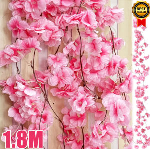 Feelife 1.8M Artificial Silk Cloth Sakura Flowers Vine Ornament Pink Cherry Blossom Fake Plants Hanging Rattern Home Garden Arch Fence Decor