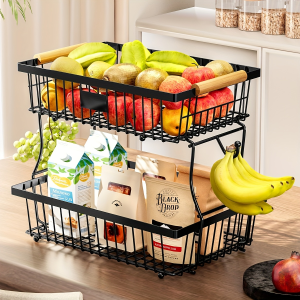 Fruit Basket for Kitchen Counter 2 Tier Large Capacity Fruit Bowl with Banana Hanger Rust-Proof Metal Fruit Holder