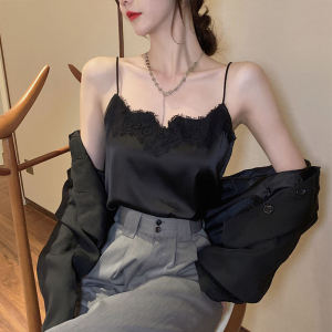 เสื้อกล้ามสายเดี่ยวสไตล์เกาหลีเสื้อสูทผู้หญิงเสื้อตัวในลูกไม้ใส่ด้านนอกหลังสวยเสื้อตัวในผ้าชีฟองคอวีทรงหลวมแฟชั่น