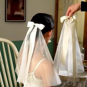 Bridal Wedding Veil Minimalist Solid White Bridal Veil Hair Clip Ribbon Bow Wedding Veil Headdress