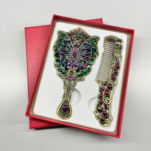 Creative Retro Peacock Open Screen Small Mirror Handle Metal Makeup Mirror Portable Mirror Comb Set Holiday Gift Makeup Mirror