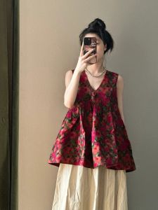 French Vintage Red Floral Print Sleeveless Shirt Womens Summer 2025 New Unique Beautiful Super Good Looking Vest Top