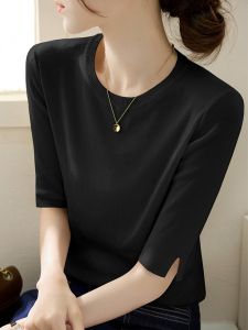 Spring Autumn New Style French round Neck mid Sleeve Knitted Loose Fit Shoulder Five Sleeve Black Top Soft Comfortable Commute Casual