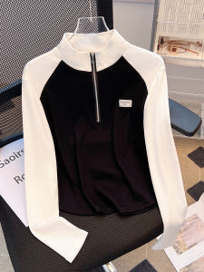 American Style Splice Long Sleeve T-Shirt Womens Early Spring New Short Top Zipper Half Zip Cotton Polyester Blend