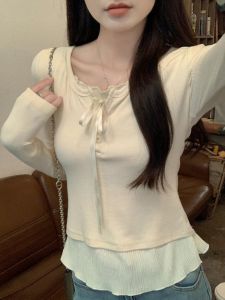 Retro Fake Two-piece ผ้าทูลล์ รัฟเฟิล แขนยาว ผู้หญิง เสื้อท่อนบน ไม่ซ้ําใคร ฤดูใบไม้ร่วง อินเทรนด์ สลิมฟิต เสื้อยืดยาวสั้นคอ U