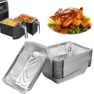 50Pcs Disposable Aluminum Foil Tray 1.1L Non-Stick Aluminum Foil Baking Pans Hole-free and High Rim Design Air Fryer Oven Liners