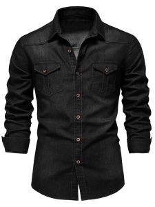 Brand Elastic Cotton Denim Shirt Men Long Sleeve Quality Cowboy Shirts for Men Casual Slim Fit Mens Designer Clothing