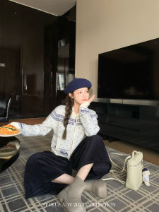 Áo Len Cardigan Dệt Kim Ngắn Cổ Bẻ FF BLUE Thu Đông 3 Màu Áo Khoác Ngoài Lót Lông Cừu Bắc Cực Áo Khoác Ngoài Thời Trang Thường Ngày