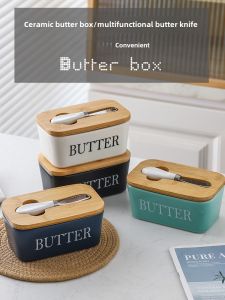 Ceramic Butter Box with Lid Scraper Rectangular For Home Cheese Preservation Sealed Tank Butter Dish Butter Box