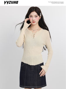 Áo Thun Dài Tay Cổ Tròn Dệt Kim Lụa Băng Hàn Quốc Cho Nữ Mùa Thu Phong Cách Mới Thời Trang Thắt Lưng Ôm Vừa Vặn Thon Gọn