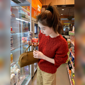 YUFUQING | Red Knitted Sweater Hoodie Casual Style Chinese Zodiac Year Beautiful Top Christmas Theme Fashionable Long Sleeve Woolen Round Neck