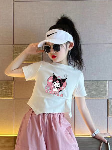 Girls Cotton Short Sleeve T-Shirt Korean Style Slim Fit Short Length Top Sweat Absorbent round Neck Cartoon Print Kids Shirt