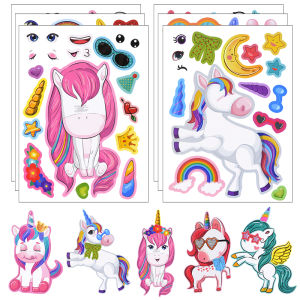 6/12pcs Unicorn Theme Make A Face Assemble DIY Stickers Unicorn Party Girls Room Decoration Kids Favor Toys Birthday Puzzle Gift