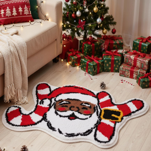 VIKAMA Holiday Shaped Doormat Santa Candy Cane Cartoon Pattern Anti Slip Rug For Entryway Hallway Xmas Home Decor