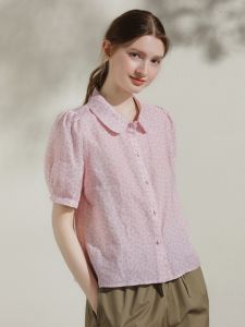 Miccbeirn | Miccbeirn Pure Linen Floral Short Sleeve Shirt Sweet Girl Feel Bubble Sleeve Anti-Aging Lady Top Simple Commute Style Regular Fit