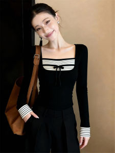Splicing Stripe Two-piece Illusion Round Neck Long Sleeve T-shirt Slim-fitting Waist-accentuated Shirt