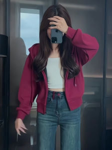 Áo Khoác Nỉ Dày Màu Đỏ Rượu Vang Ngắn Cho Nữ Mùa Thu Đông Rộng Rãi Có Mũ Trùm Đầu Áo Len Cardigan Hở Dài Tay Thường