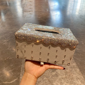 Luxurious High Aesthetic Tissue Box Rectangular Leather Diamond Embedded Living Room Dining Table Decorative Item Trendy