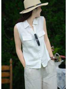 XIAOER | Áo Gile Linen Không Tay Cổ Hải Âu Ép Nếp eo