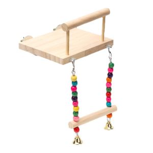 Bird Hanging Swing Board Wood Platform Colorful Swing with Bells Macaw Parrot Cockatiel Bird Toy Accessory