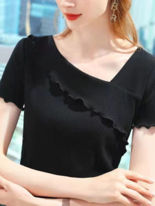 เสื้อยืดคอกลมแขนสั้นผู้หญิง แฟชั่นลำลอง ป้องกันแสงแดด ฤดูร้อน 2024 เสื้อผ้ากันแดดแบบสวมหน้ากากผ้าป่าน ทรงปกติ ผ้าเดนิม สีพื้น