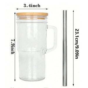 1PC Glass Cup Wooden Lid Bubble Tea Cold Drinking Coffee Wine Juice Milk Transparent Straw Car Mug Cup Drinkware Water Bottle