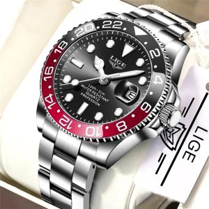 LIGE New Watch Men Fashion Stainless Steel Sport Quartz Watch Waterproof Date Watch For Men + Box