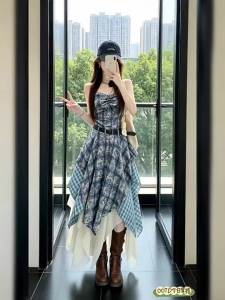 NIUVIES | Summer Vacation Wear Blue Checkered Halter Dress