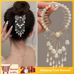 1pcs Gold Flash Diamond Bow Pearl Lily Tassel Ball Hair Clips Disc Hair Fixed Buckle Hair Pin Women