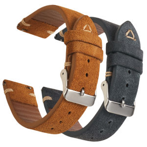 Suede Leather Watch Strap 18mm 19mm 20mm 21mm 22mm 24mm Grey Vintage Band Replacement Wristband Handmade Stitching Watchband