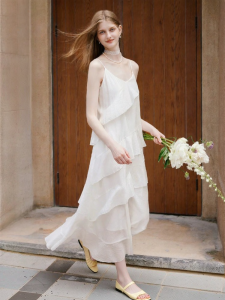 XIANGYING | Strapless Tencel Dress V-Neck French Style Cream Cake Design