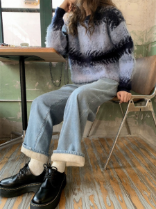 NIHAOKANONG | Quần Jeans Lông Xù Dài Phối Cao