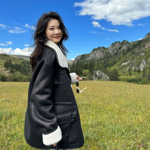 Genuine Lamb Fur Lined Extra Thick Autumn Winter Coat Coffee Colored Suede Leather Jacket for Women Commuting Style