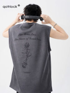 QOTRIOCK American Style Suede Rose Vest Men Summer Trendy Loose High Street Handsome Shoulderless Heavyweight Sleeveless T-shirt