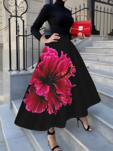 Printed Design Four-season black background with big red flower pattern vacation-style womens skirt