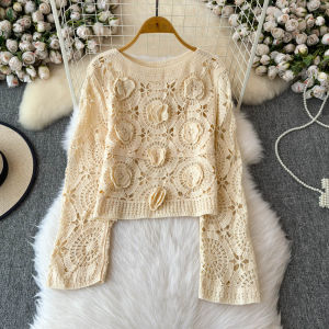 Fashionable Hollow out Knitted Sweater round Neck Woolen Womens Top Spring Autumn Season Floral Decoration Commute Style