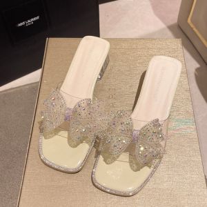 Transparent Water Diamond Butterfly Knot Slippers Womens Outdoor Wear High Heel Sandals Summer New Style Crystal mid Heel