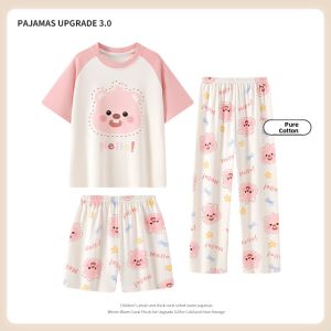 miiow | Princess Style Pure Cotton Sleepwear Set For Girls Summer Short Sleeve Long Pants Three Piece Childrens Home Clothes