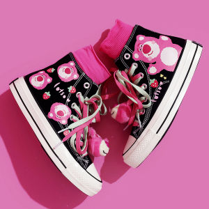 Strawberry Bear High Top Canvas Shoes Womens Hand-Painted Design Trendy Korean Style Student Cross-Buckled round Toe Rubber Sole