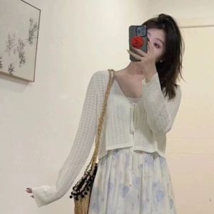 New 2025 Blue Floral Halter Dress Sun Protection Cardigan Two-Piece Set Beach Vacation Beachwear Womens Clothing Skirt