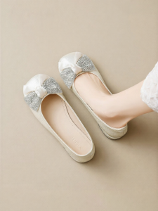 Josiny | Easy Slip-On Mary Jane Shoes with Rhinestones and Bow