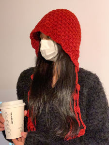 Handmade Tassel Ball Red Knitting Woolen Cap Heattech Toque Winter Ear Protection Lace-up Hat Fashion Hat for Women