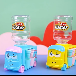 Mini Water Dispenser Toy Juice Beverage Machine for Kids Pretend Play Dual Spouts Fun Bus Design Interactive Play-in-the-house Blue Yellow 12*7*16.5CM