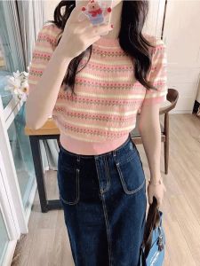 Blue Striped Knitted Short Sleeve Womens T-Shirt Summer Durable Fashionable Casual Korean Style Loose Fit round Neck Top