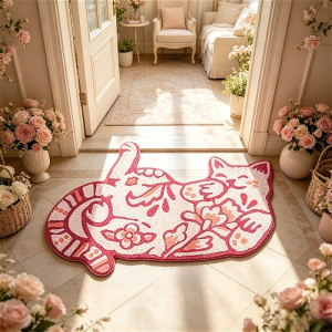 VIKAMA Pink Cat Alien-Shaped Rug Soft Non-Slip Welcome Mat for Entryway Girly Style Bedroom Bedside Rug Room Decor
