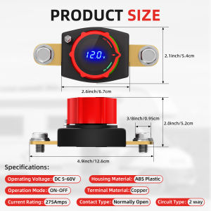 Side Post Battery Disconnect Switch 12V-48V with LED Voltmeter Display DC 5-60V Battery Kill Switch Marine Cut Off Switch