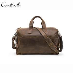 CONTACTS Genuine Leather Vintage Luggage Bag Men Business Travel Bags for Men Luggage Large Capacity Totes Travel Shoulder Bag