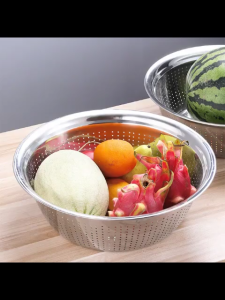 28cm Stainless Steel Rice Sieve Strainer Fruits and Vegetables Colander Kitchen Round Rice Cleaning Sieve Drainer Basin