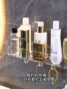 ชั้นวางแขวนในห้องน้ำ วัสดุโปร่งใส ชั้นวางถ้วยดูด ชั้นวางเครื่องเทศในครัว ไม่ต้องเจาะ ดูดสูญญากาศ มีตะขอที่ด้านล่างสำหรับแขวนพื้นที่จัดเก็บเพิ่มเติม
